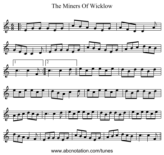 The Miners Of Wicklow - staff notation