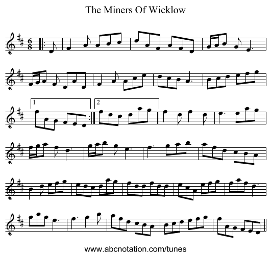The Miners Of Wicklow - staff notation