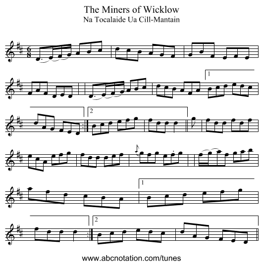 The Miners of Wicklow - staff notation