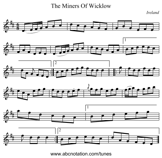 The Miners Of Wicklow - staff notation
