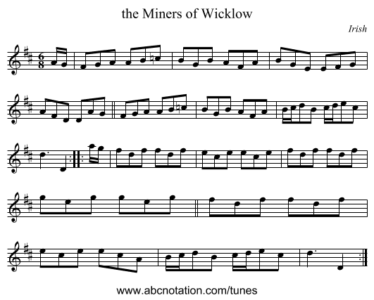 the Miners of Wicklow - staff notation