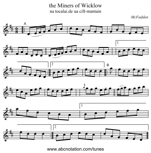 the Miners of Wicklow - staff notation
