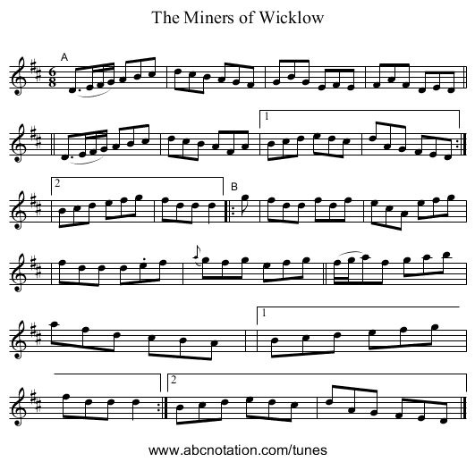 The Miners of Wicklow - staff notation