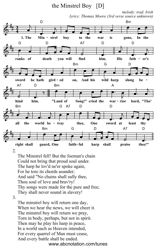 the Minstrel Boy   [D] - staff notation
