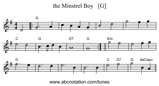 the Minstrel Boy   [G] - staff notation