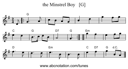 the Minstrel Boy   [G] - staff notation