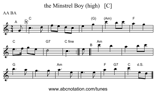 the Minstrel Boy (high)   [C] - staff notation
