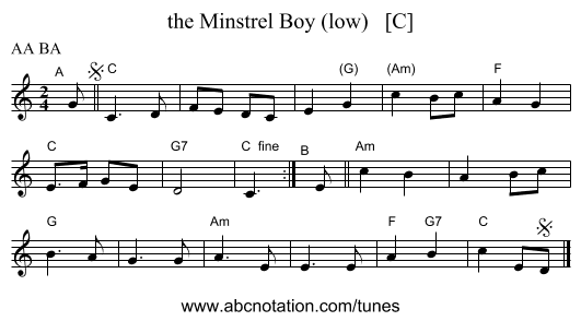the Minstrel Boy (low)   [C] - staff notation