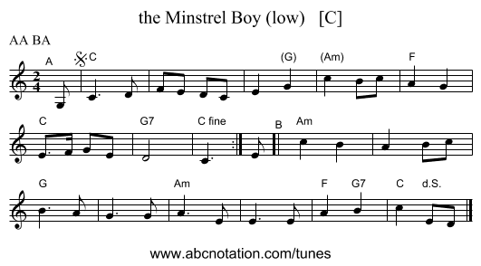 the Minstrel Boy (low)   [C] - staff notation