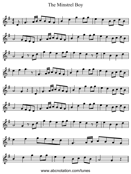 The Minstrel Boy - staff notation