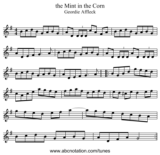 the Mint in the Corn - staff notation