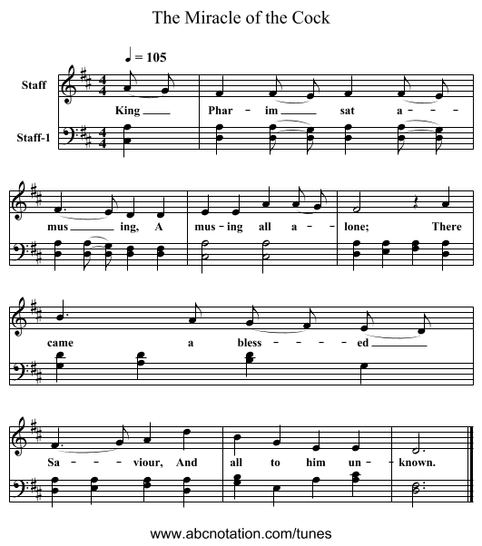 The Miracle of the Cock - staff notation