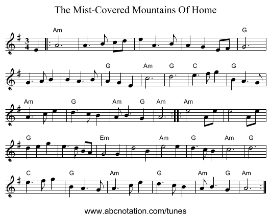 The Mist-Covered Mountains Of Home - staff notation