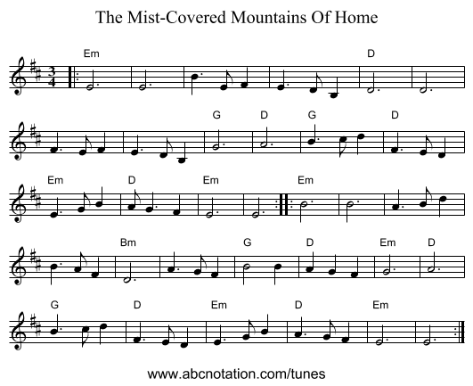 The Mist-Covered Mountains Of Home - staff notation