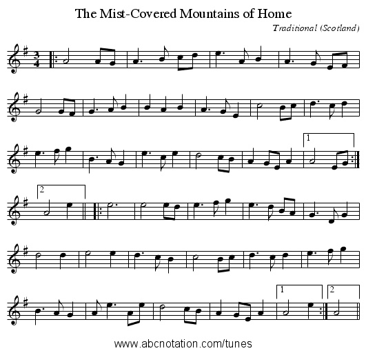 The Mist-Covered Mountains of Home - staff notation