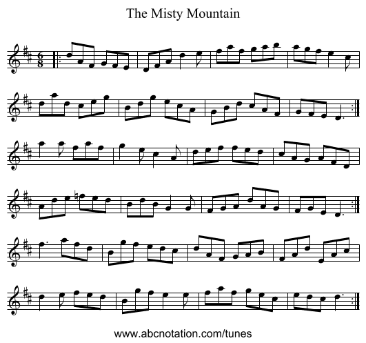 The Misty Mountain - staff notation