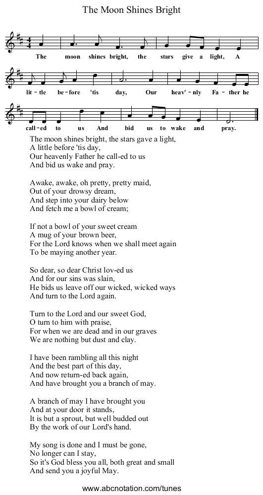 The Moon Shines Bright - staff notation