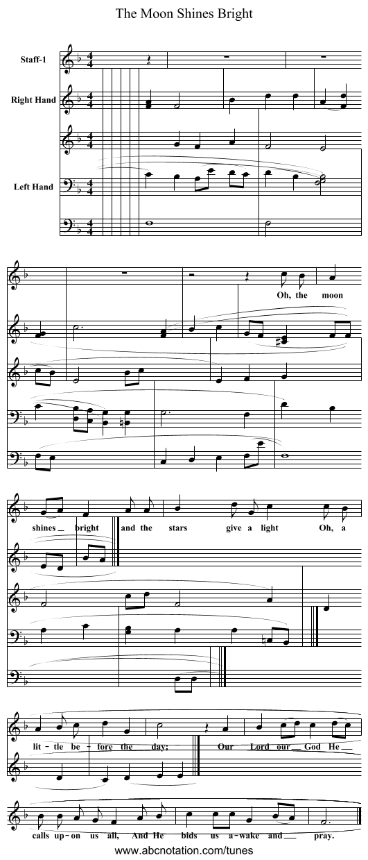 The Moon Shines Bright - staff notation