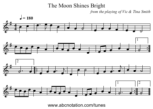 The Moon Shines Bright - staff notation