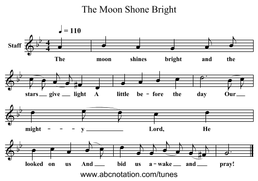 The Moon Shone Bright - staff notation