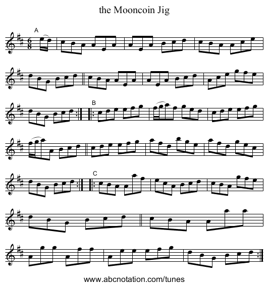 the Mooncoin Jig - staff notation