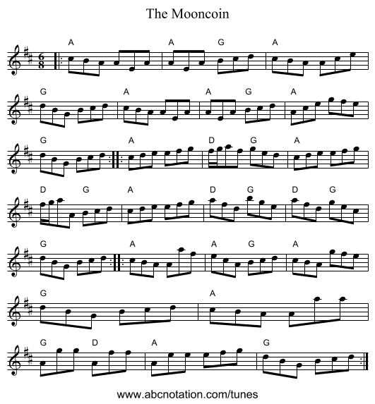 The Mooncoin - staff notation