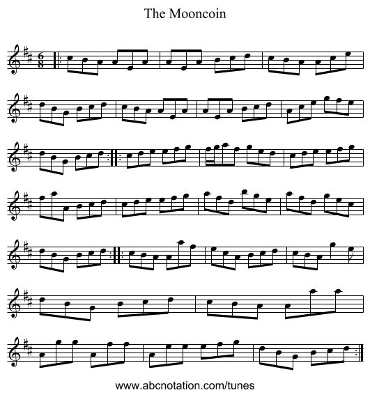 The Mooncoin - staff notation