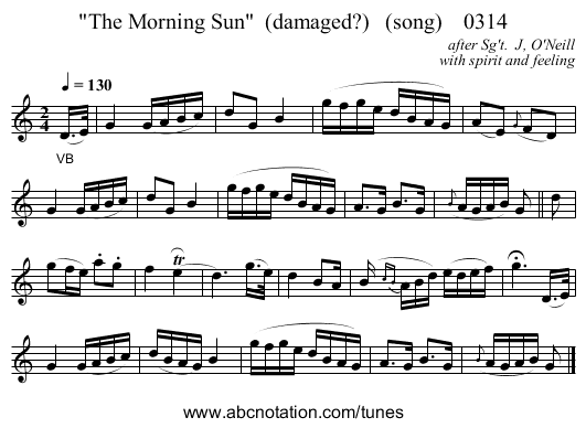 The Morning Sun  (damaged?)   (song)    0314 - staff notation