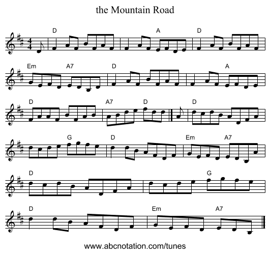 the Mountain Road - staff notation