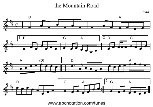 the Mountain Road - staff notation