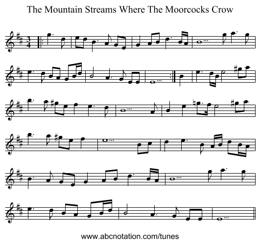 The Mountain Streams Where The Moorcocks Crow - staff notation