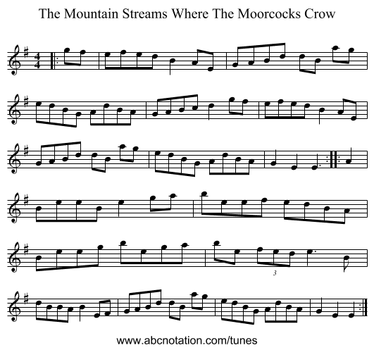 The Mountain Streams Where The Moorcocks Crow - staff notation