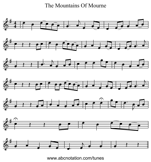 The Mountains Of Mourne - staff notation