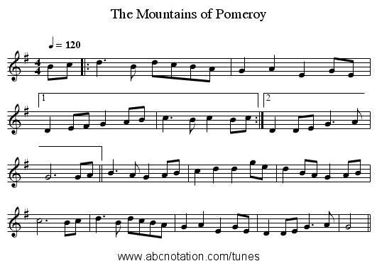 The Mountains of Pomeroy - staff notation