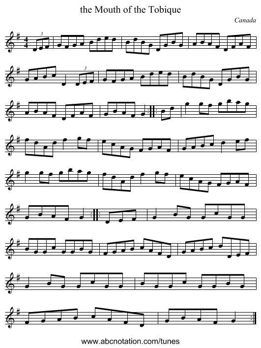 the Mouth of the Tobique - staff notation