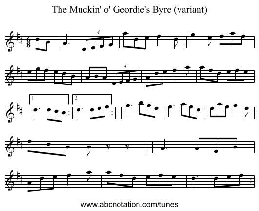 The Muckin' o' Geordie's Byre (variant) - staff notation