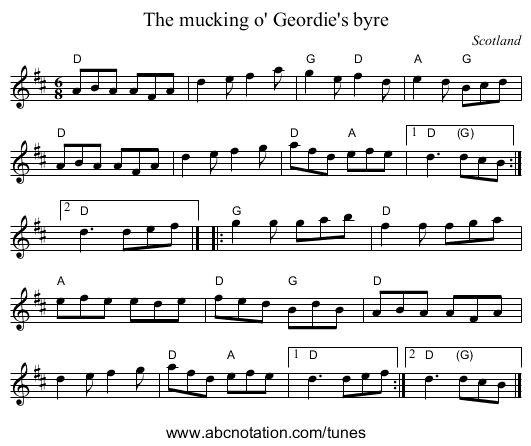 The mucking o' Geordie's byre - staff notation