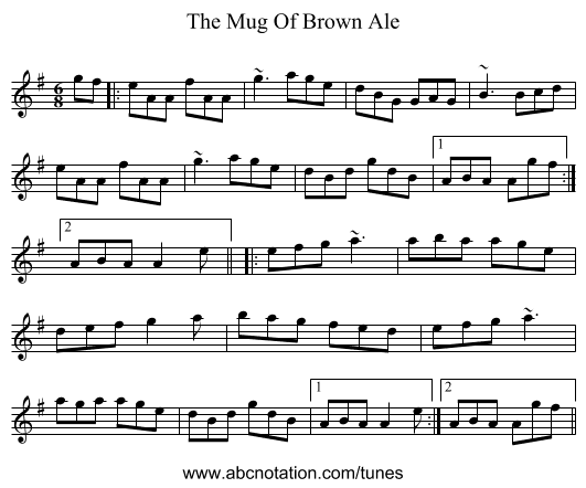 The Mug Of Brown Ale - staff notation