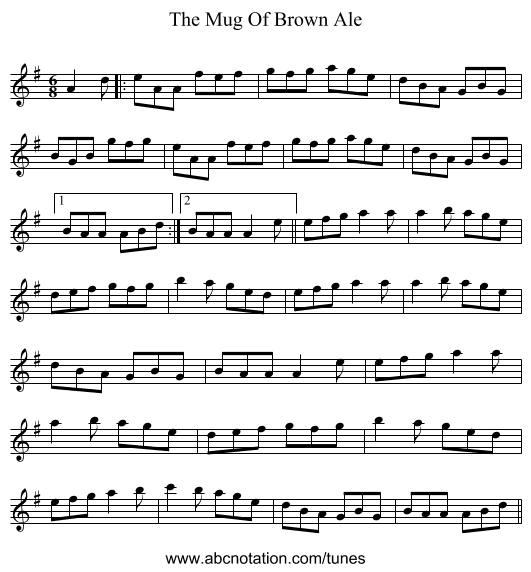 The Mug Of Brown Ale - staff notation