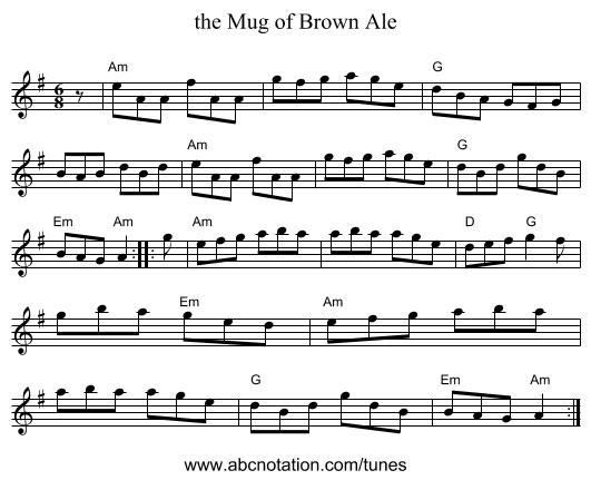 the Mug of Brown Ale - staff notation