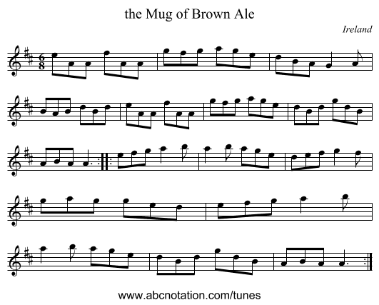 the Mug of Brown Ale - staff notation