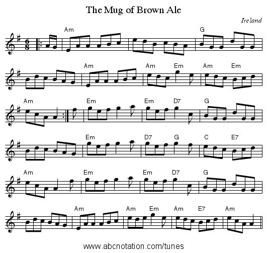The Mug of Brown Ale - staff notation