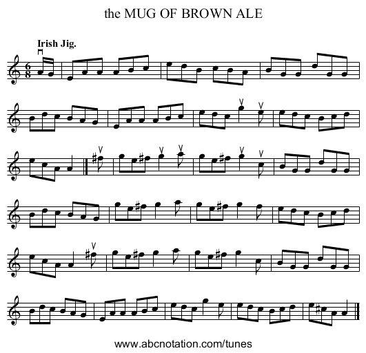 the MUG OF BROWN ALE - staff notation