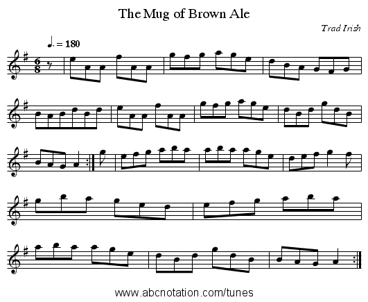 The Mug of Brown Ale - staff notation