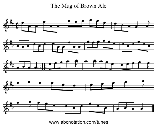 The Mug of Brown Ale - staff notation