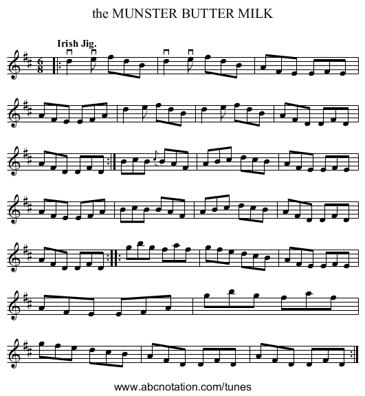 the MUNSTER BUTTER MILK - staff notation