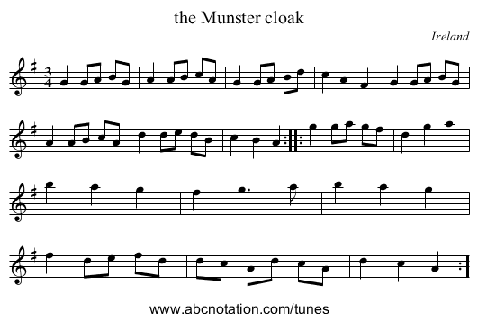 the Munster cloak - staff notation