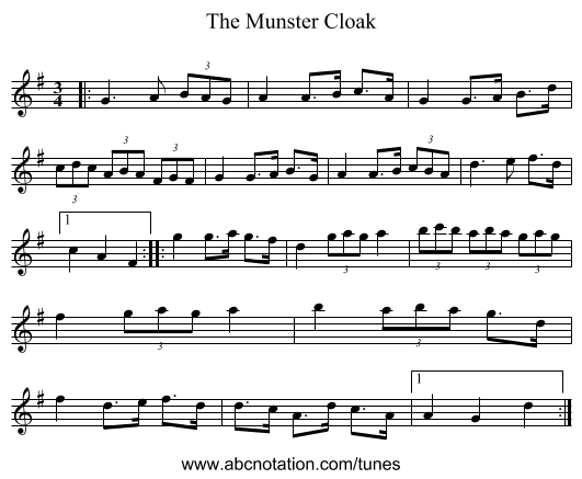 The Munster Cloak - staff notation