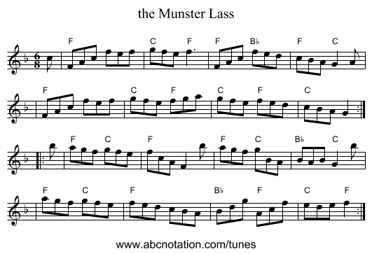 the Munster Lass - staff notation