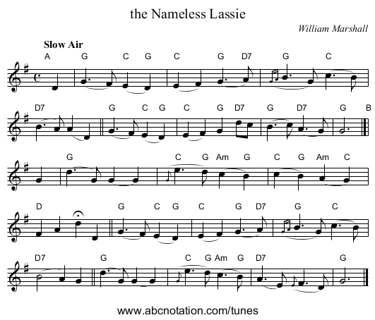 the Nameless Lassie - staff notation